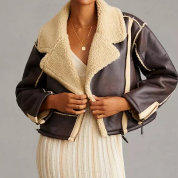 Anthropologie Pilcro Faux Leather Sherpa-Lined Jacket size XXSP Brown Aviator - Picture 1 of 11